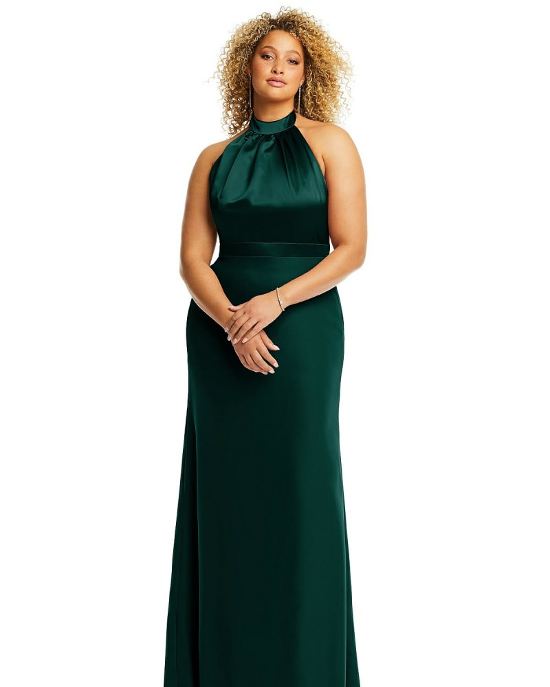 Front of a model wearing a size 20W High-Neck Open-Back Maxi Dress with Scarf Tie in Evergreen by After Six. | dia_product_style_image_id:266992
